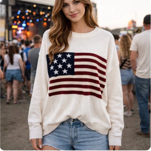 Pink Lily Sweaters - Pink Lily Cream Knit Sweater with American Flag Motif